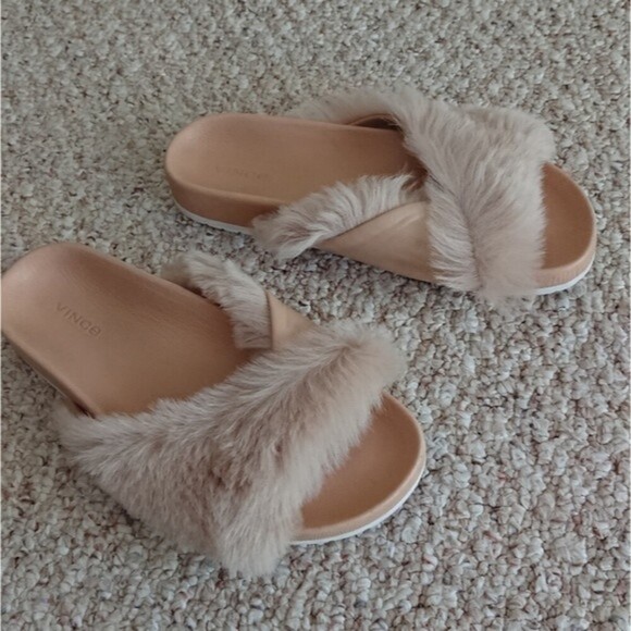 Vince sheep fur Garrison beige leather slide sandals size 38 - Picture 2 of 11
